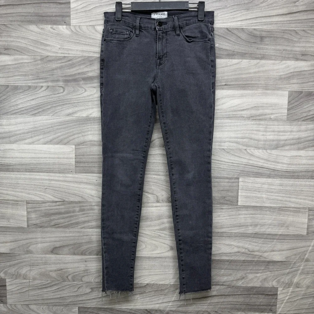 Frame Skinny de Jeanne Jeans Women 27 Gray Denim Frayed Hem Stretch Dark Wash